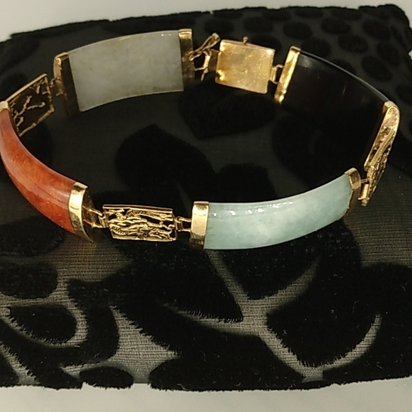 14 KT GOLD Bracelet Solid and JADE Multi-Color Flex Links  Estate Size Medium - Picture 5 of 11